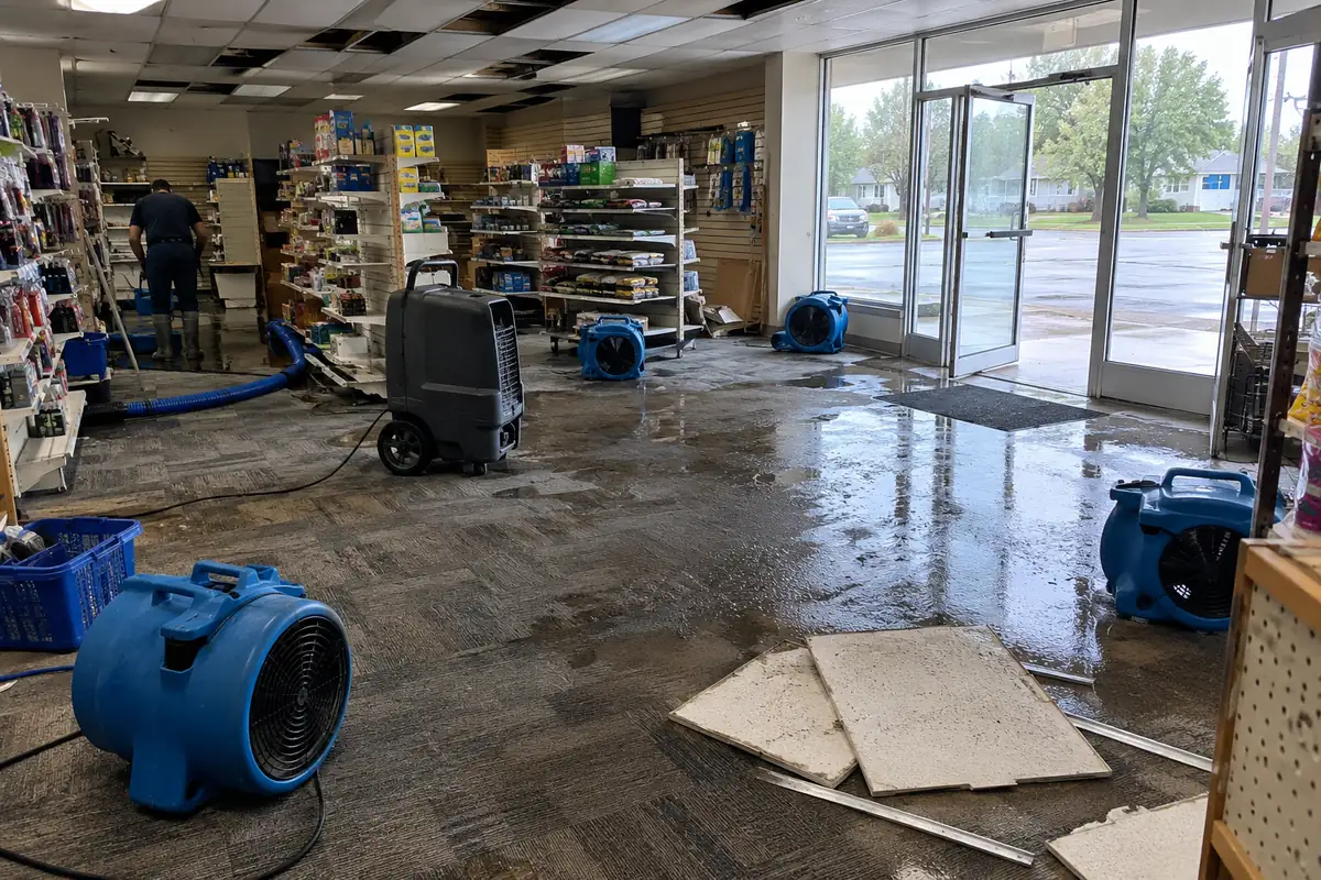 Water damage restoration technician working on a property in Delta Township, MI