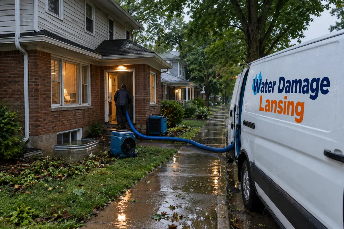 Water damage restoration technician working on a property in East Lansing, MI