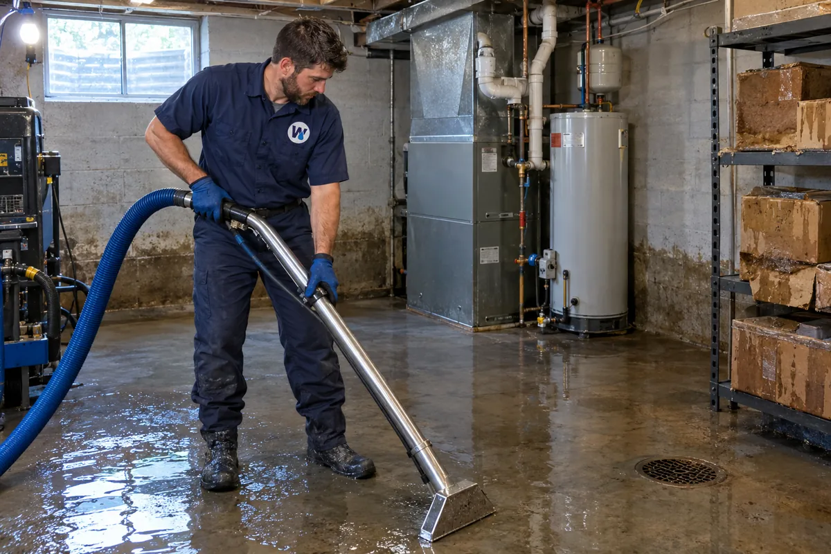 Technician extracting water from a flooded basement in a Lansing, Michigan home