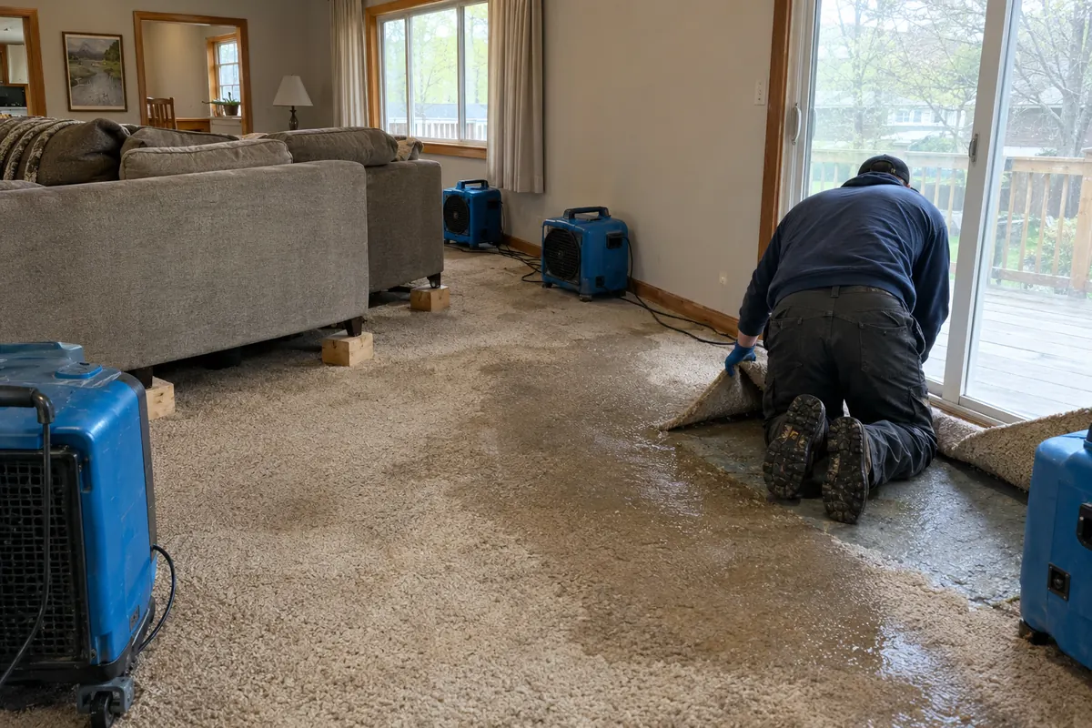 Water damage restoration technician working on a property in Okemos, MI