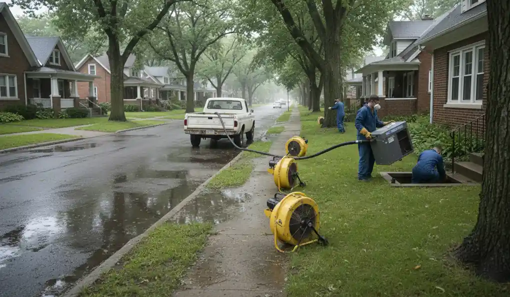 Water damage restoration technician working on a property in East Lansing, MI