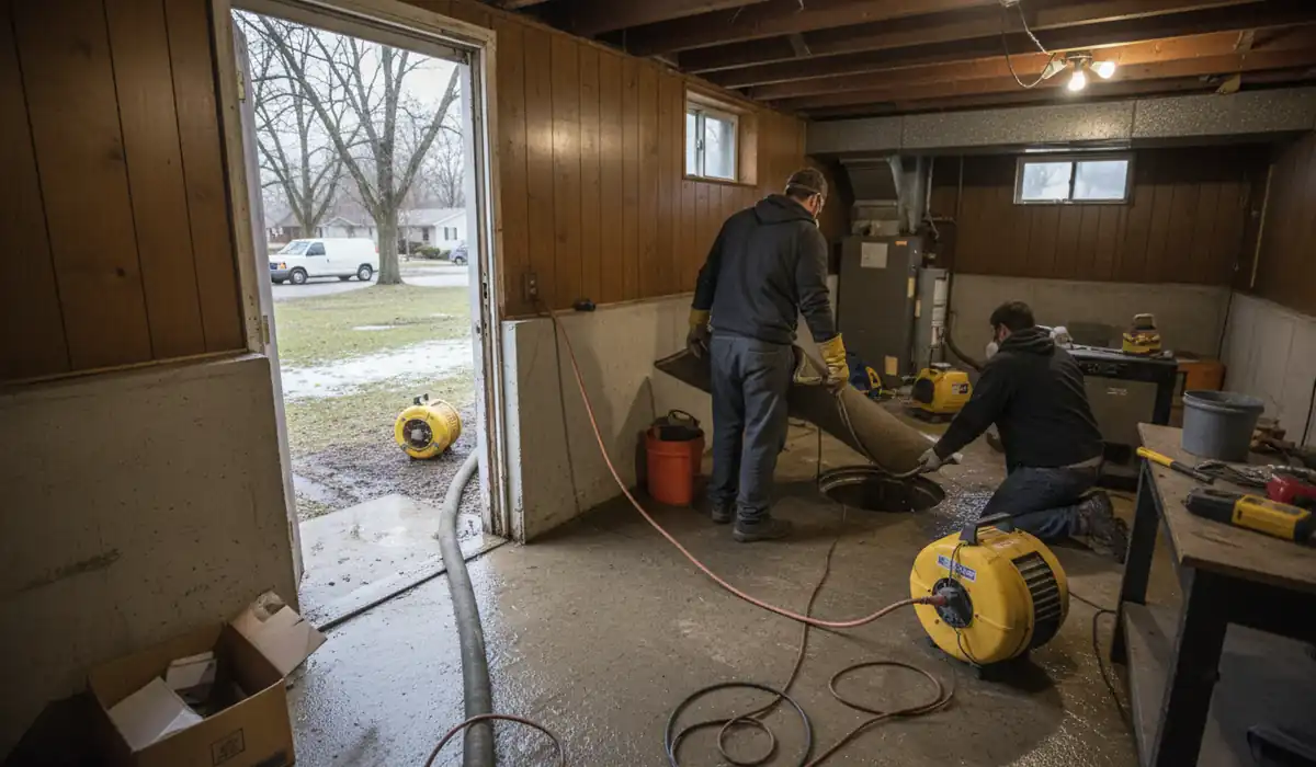 Water damage restoration technician working on a property in Grand Ledge, MI