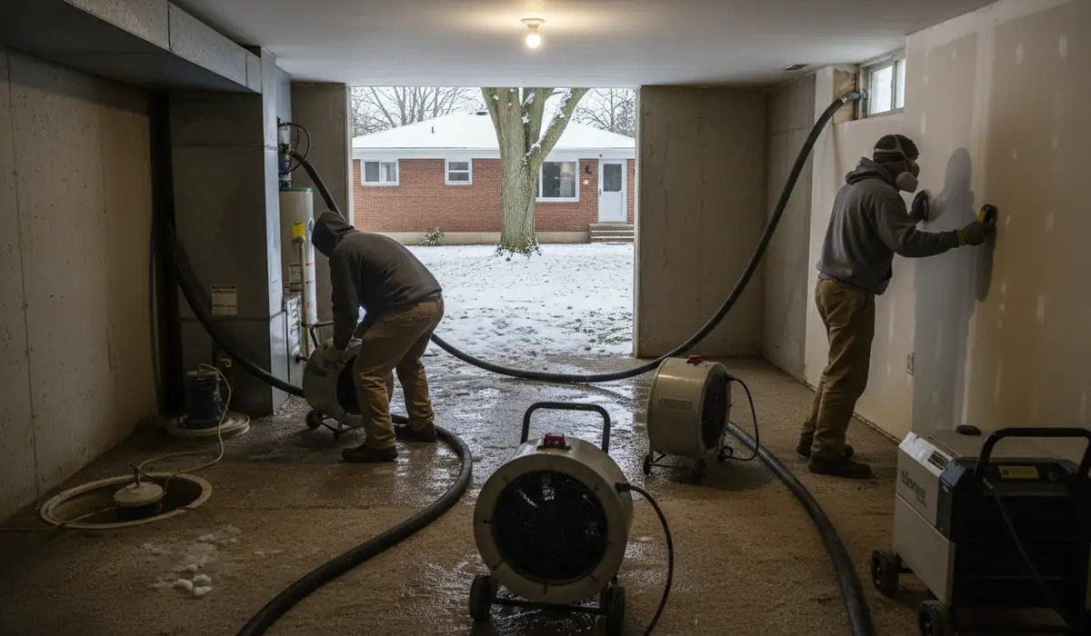 Water damage restoration technician working on a property in Haslett, MI