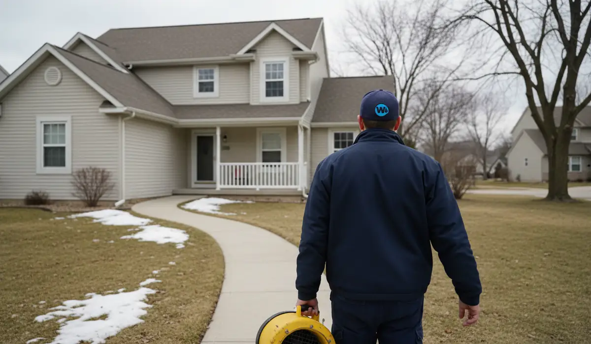 Water damage restoration technician working on a property in Holt, MI