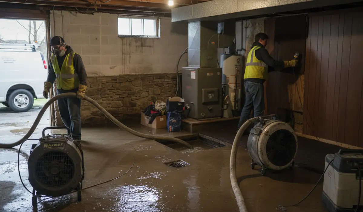 Water damage restoration technician working on a property in Okemos, MI
